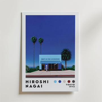 Bozetto Hiroshi Nagai Barber Shop Poster har minimalistisk vintagekonst av en barberarbyggnad med palmer och en blå himmel, "Hiroshi Nagai" och "Tokyo 1973" text nedan, plus färgprover för en retroarkitektonisk atmosfär.