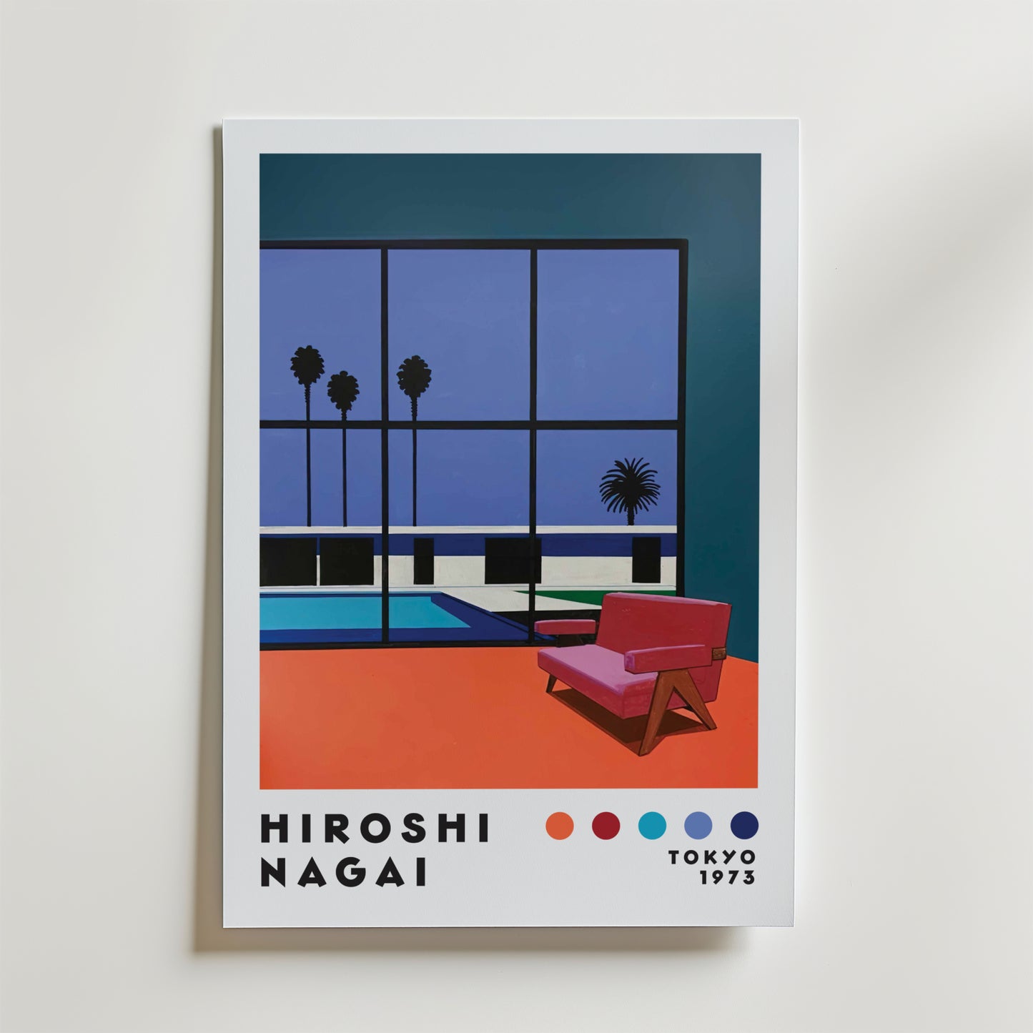 Hiroshi Nagai Palm View Silence Poster by Bozetto föreställer en modern interiör med en röd stol vid en pool, inramad av palmer och blå himmel, med "Hiroshi Nagai", färgprover och "Tokyo 1973" längst ner - en visuell meditation.