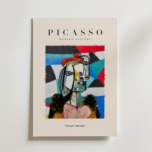 En färgstark abstrakt ansiktsaffisch av Bozetto i modern kubistisk stil med geometriska former och djärva färger. Texten lyder Bozetto Modern Gallery and Artwork Collection-perfekt konst till inredning.