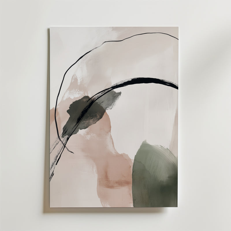 Earth Arch Poster från Bozetto har abstrakta, minimalistiska penseldrag i beige, blush och dämpad grönt på en matt yta med djärva svarta kurvor. Postern är tryckt på premiumpapper och tillför modern stil till alla rum med sin mjuka men ändå slående design.