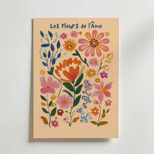 Les Fleurs De Ráme No.2 Poster by Bozetto har stiliserade rosa, orange, blå och gula blommor med den franska titeln i blå handskriven text, tryckt på FSC-certifierat premiumpapper för en högkvalitativ finish.