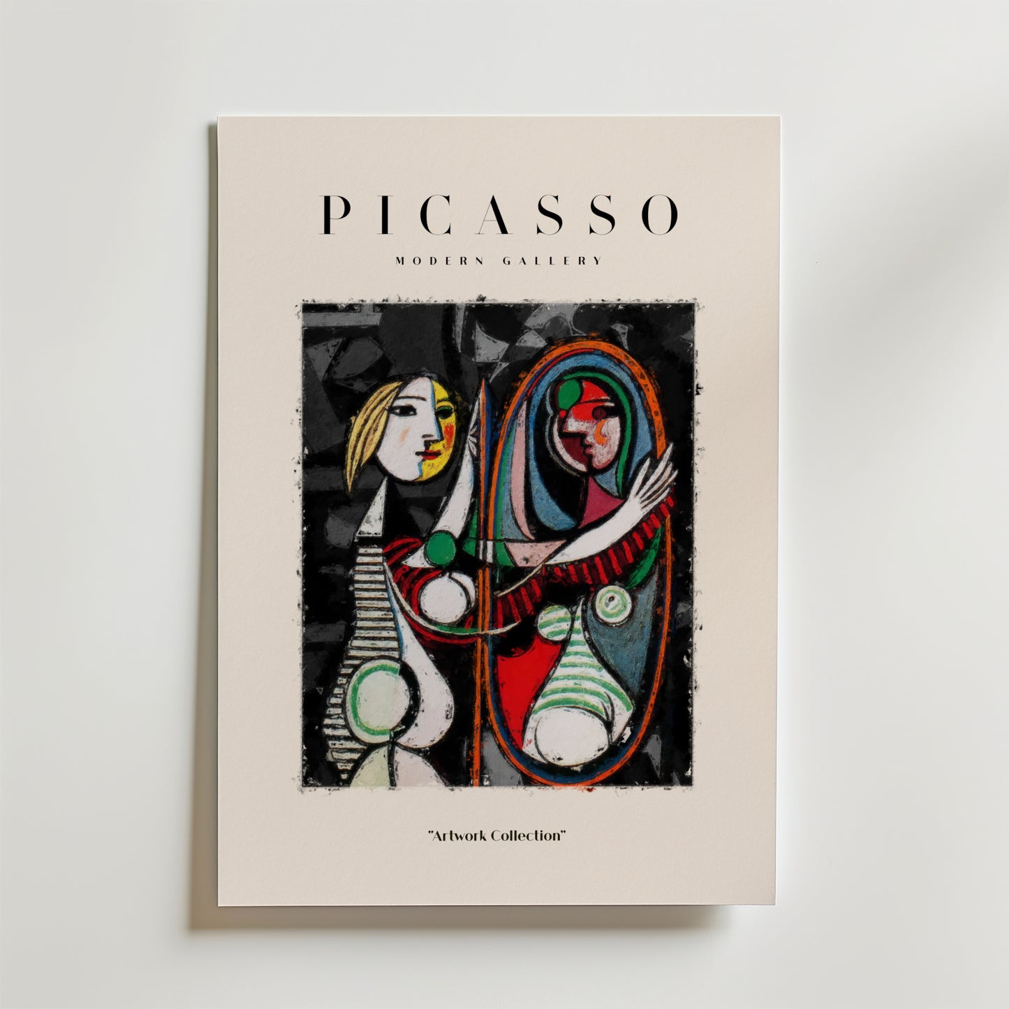En Picasso inspirerad Mirror Poster från Bozetto, med BOZETTO högst upp, visar en färgstark abstrakt av två kvinnor - en som rör vid en spegel - som påminner om Picassos kubistisk konst. "Artwork Collection" är tryckt nedan.
