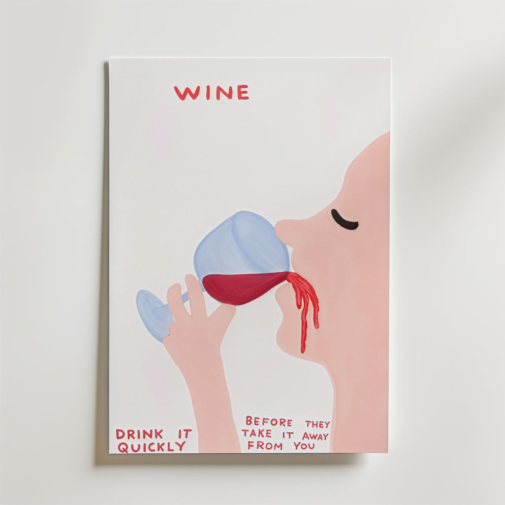 Drink Wine Quickly – stilfullt konsttryck från Bozetto, tryckt på matt finpapper
