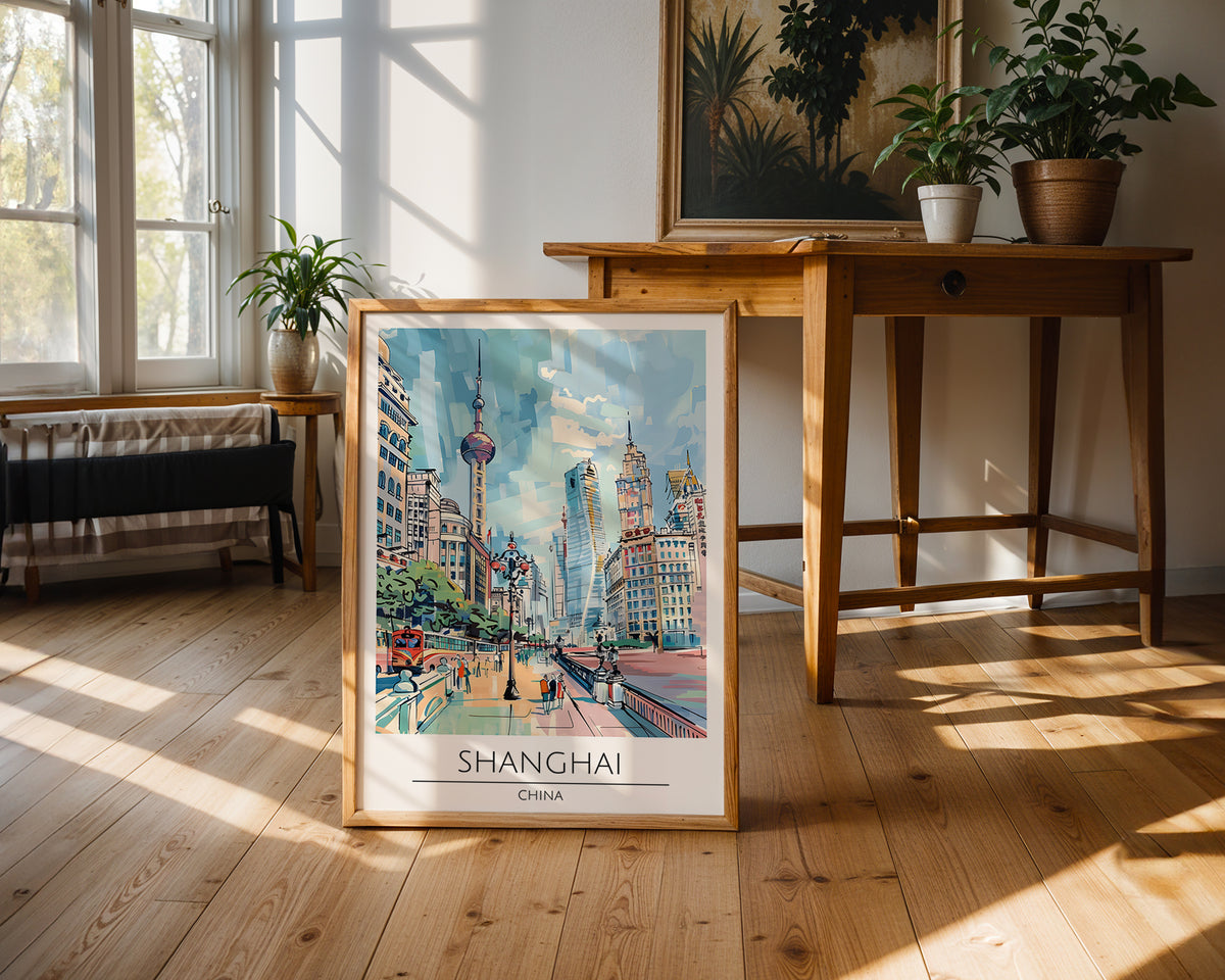 Mockup av Shanghai Skyline Walk affisch på vägg – köp enkelt hos Bozetto i hög kvalitet