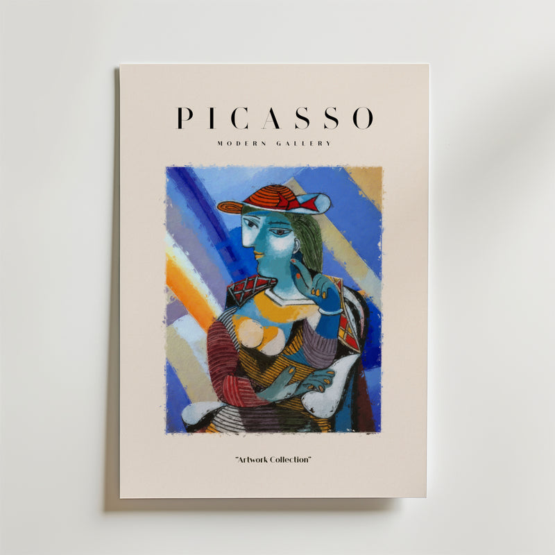 En livfull Picasso Femme Abstraite Poster från Bozetto föreställer ett stiliserat abstrakt porträtt av en kvinna, med "PICASSO MODERN GALLERY" och "Artwork Collection" text, som firar kvinnlig styrka.