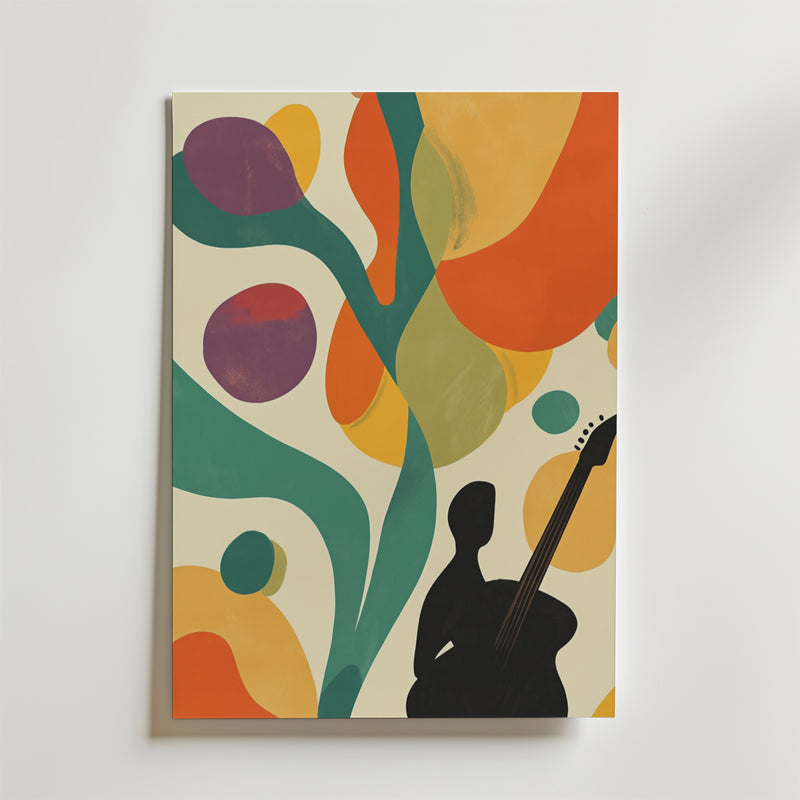 Guitar Tree Dreams Poster by Bozetto föreställer en svart silhuett som håller i en gitarr bland organiska former i orange, gult, grönt och lila på en ljus bakgrund, tryckt på matt premiumpapper för en elegant finish.