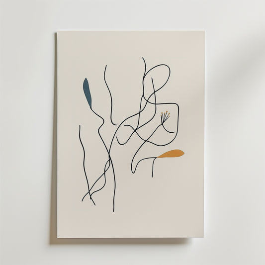 Bozetto Dancing Roots Poster visar minimalistiska svarta vågiga linjer och tre enkla bladformer i blått, gult och orange på vitt, tryckt på FSC-certifierat premiumpapper för en hållbar finish av hög kvalitet.