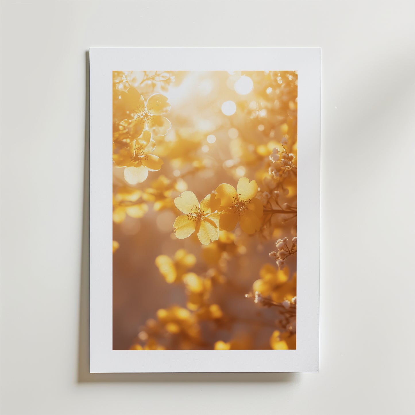 Morning Haze Poster by Bozetto föreställer gula blommor i mjukt solljus med en drömsk oskärpa, placerad i en vit ram på en ljus vägg och tryckt på FSC-certifierat premiumpapper för en högkvalitativ finish.