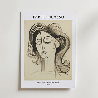 Bozettos Picasso Serene Elegance Poster visar ett abstrakt linjeporträtt från 1946 - Portrait de Françoise - med stiliserade drag och elegant text som ramar in konstverket.