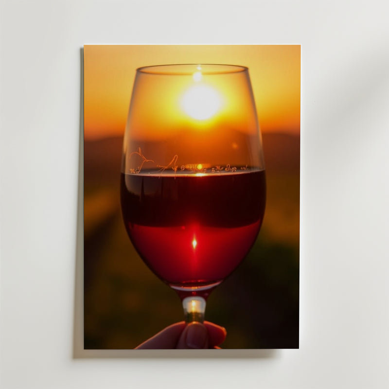En hand håller ett glas rött vin framför en glödande solnedgång på Bozetto Sunset Sip Poster. Solen svävar ovanför kanten med en mjukt suddig bakgrund som framkallar värme och elegans på premiumpapper.