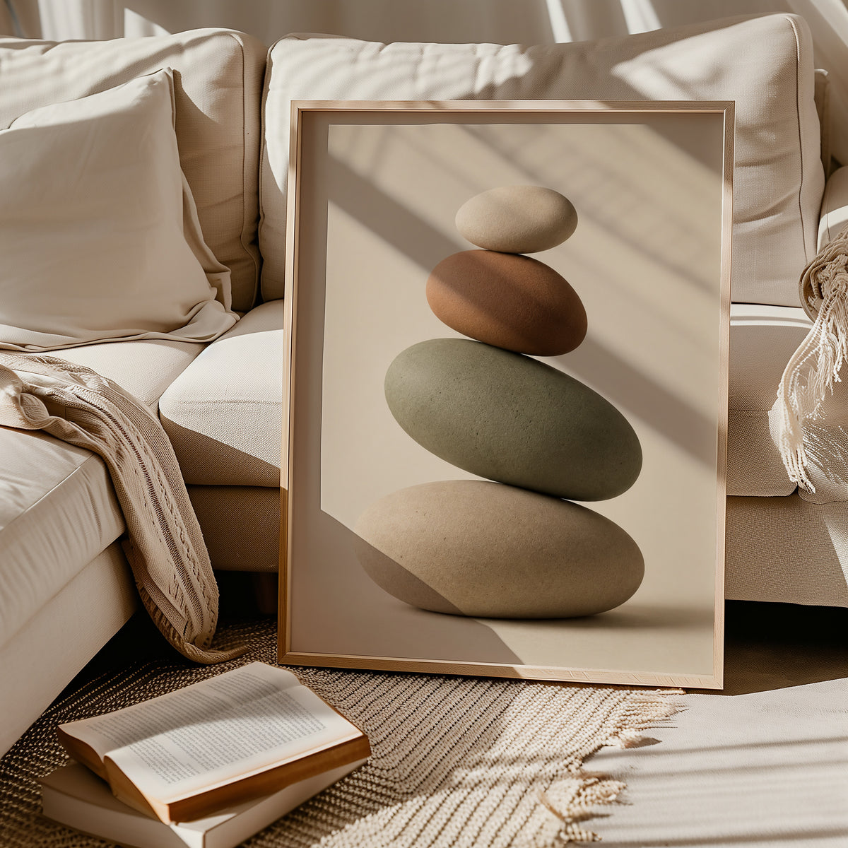 Balanced Stone Cairn affisch i ljust minimalistiskt vardagsrum – köp enkelt hos Bozetto