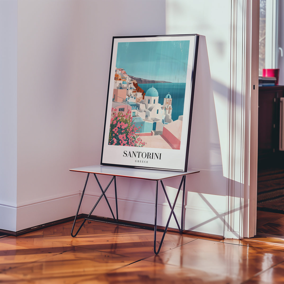 The Santorini poster visualiserad på vägg – se rätt storlek med mockup från Bozetto