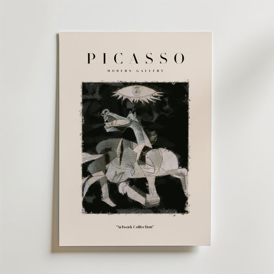 Bozettos "Picasso The Weeping Horse Poster" visar kubistisk konst med en Picasso-inspirerad abstrakt häst och ryttare i svart, vitt och grått samt ett öga ovanför. "PICASSO" står högst upp och "Artwork Collection" nedanför.