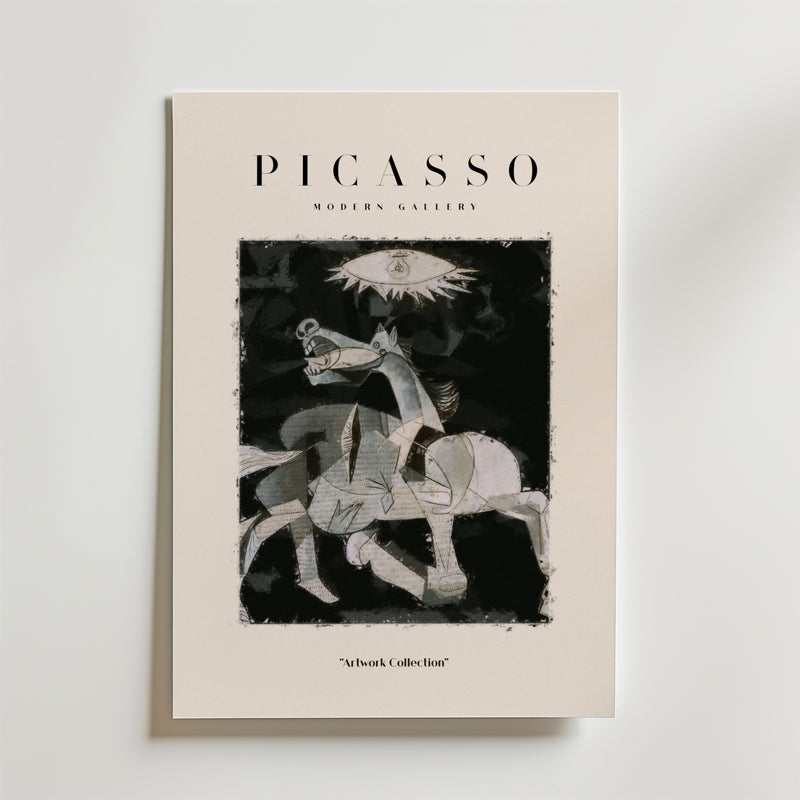 Bozettos "Picasso The Weeping Horse Poster" visar kubistisk konst med en Picasso-inspirerad abstrakt häst och ryttare i svart, vitt och grått samt ett öga ovanför. "PICASSO" står högst upp och "Artwork Collection" nedanför.