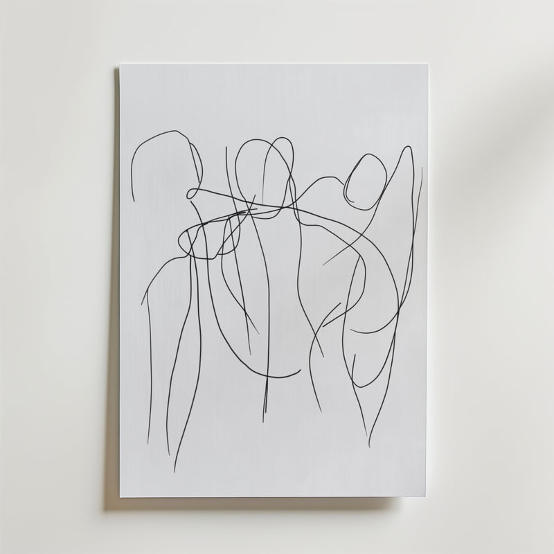 Bozetto Dancing Line Figures Poster har tunna svarta linjer som bildar abstrakta figurer i rörelse på en vit bakgrund, tryckt på FSC-certifierat premiumpapper, som fångar minimalistisk stil och dynamisk enkelhet.