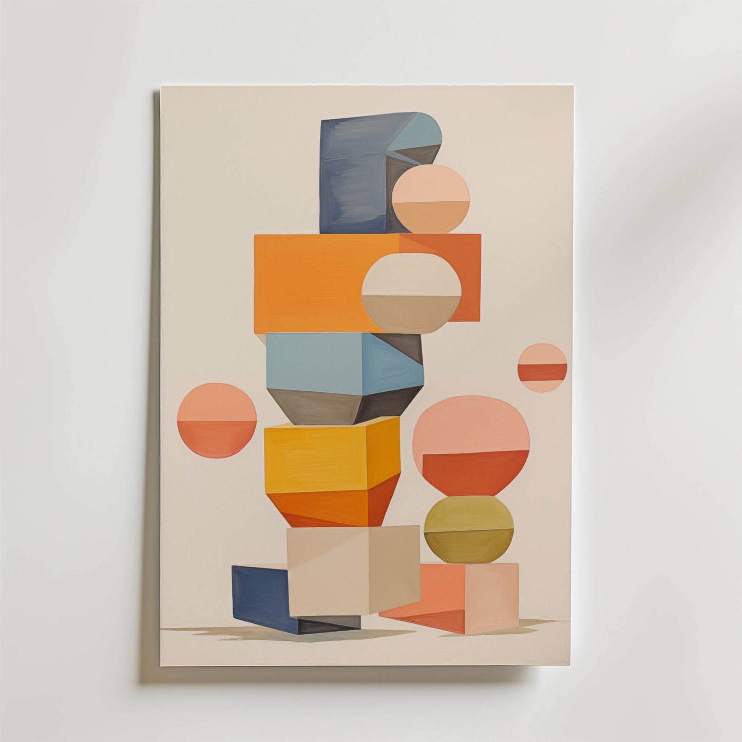 Bozetto "Balancing Shapes Poster" visar staplade kub- och cirkelmotiv i orange, blått, beige och persika på en ljus bakgrund, lutade mot en vit vägg.