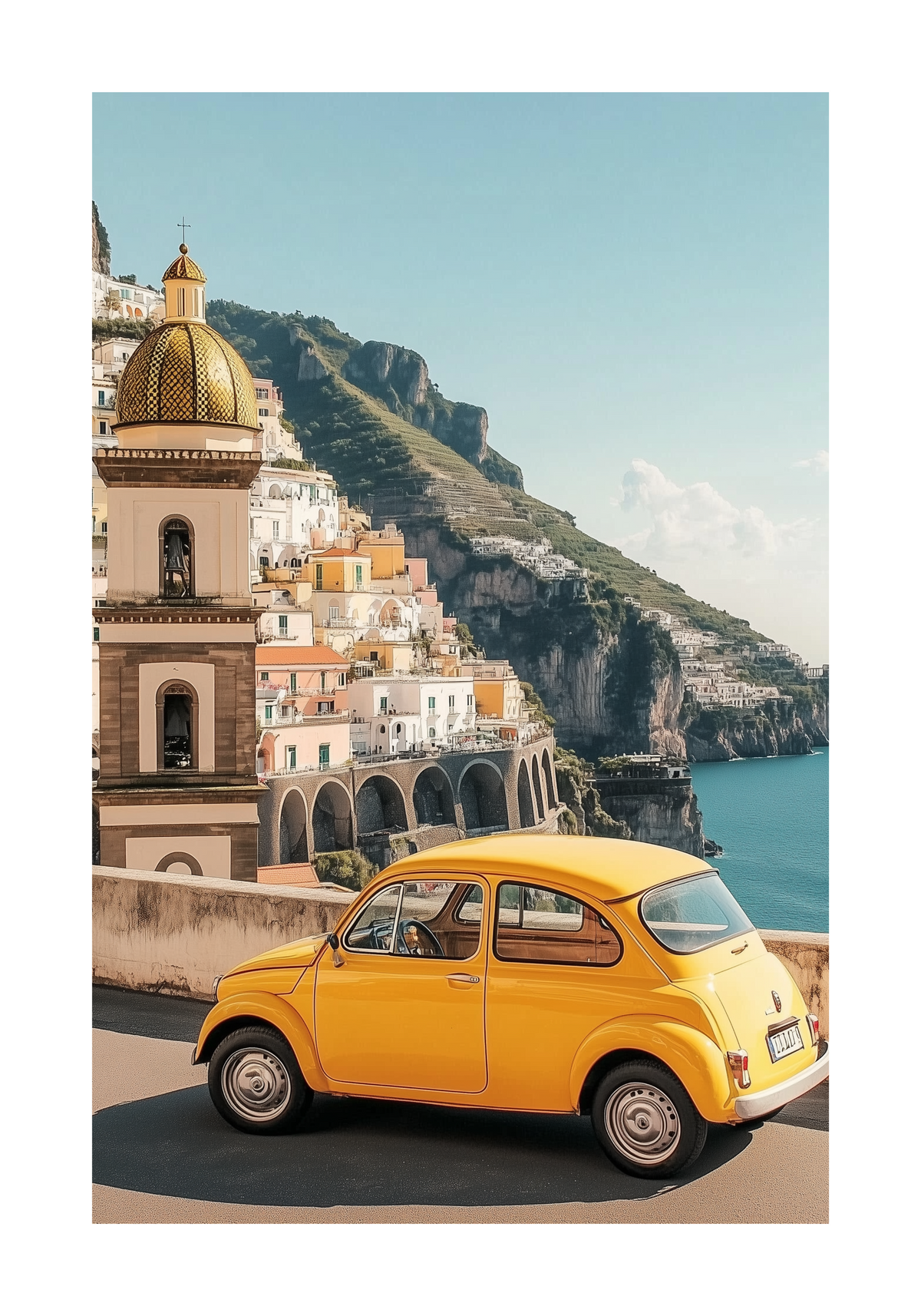 Amalfi Coast Car Poster – modern konst och stilren konsttryck för hemmet hos Bozetto