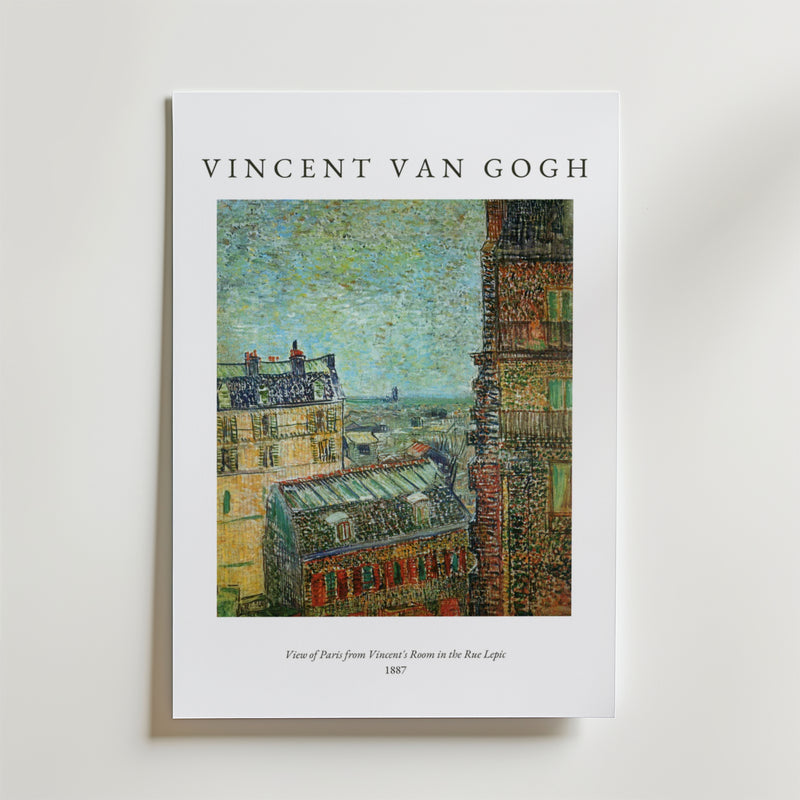 Bozettos Van Gogh View Of Paris Poster föreställer "View Of Paris from Vincent's Room in the Rue Lepic, 1887" på premiumpapper, med konstnärens namn elegant ovanför konstverket på en skarp vit bakgrund.