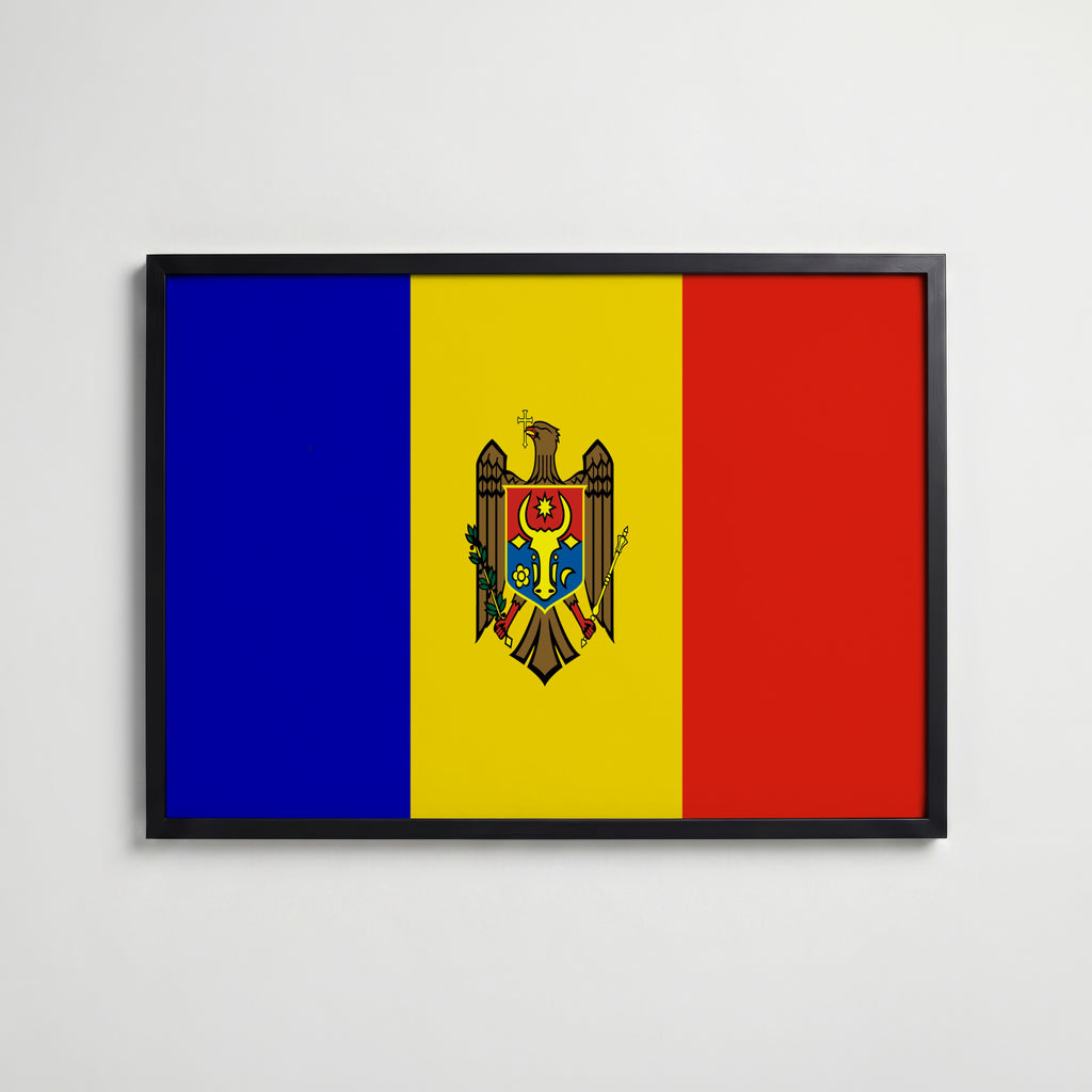 Moldova National Flag Poster i svart ram – stilren konsttryck som väggdekor från Bozetto
