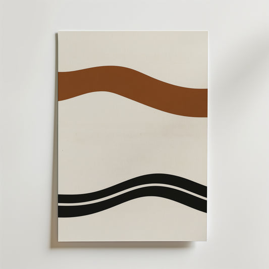 Boho Rhythm Poster by Bozetto har en beige bakgrund med en tjock brun vågig linje upptill och två tunna svarta vågiga linjer nedtill, tryckt på premiumpapper för bohemisk konst.