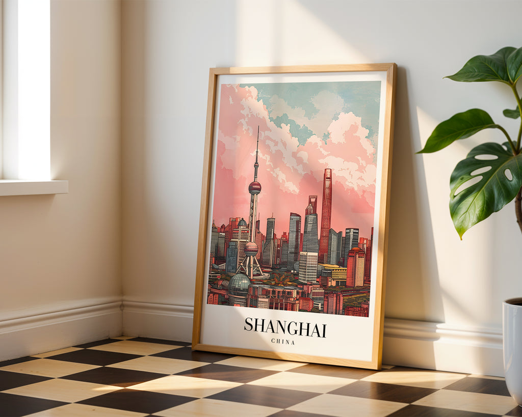 Mockup av Echoes Of Shanghai affisch på vägg – köp enkelt hos Bozetto i hög kvalitet
