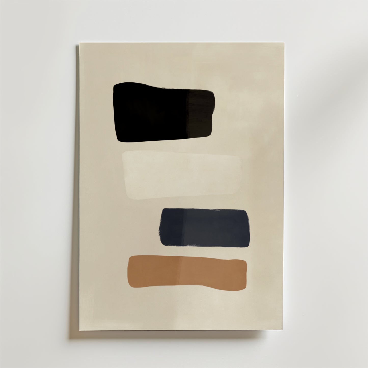Earth Tone Blocks Poster by Bozetto har fyra ojämna horisontella block - svart, off-white, mörkblå och ljusbrun - staplade på en ljusbeige bakgrund, tryckt på FSC-certifierat premiumpapper med lyxigt matt yta.