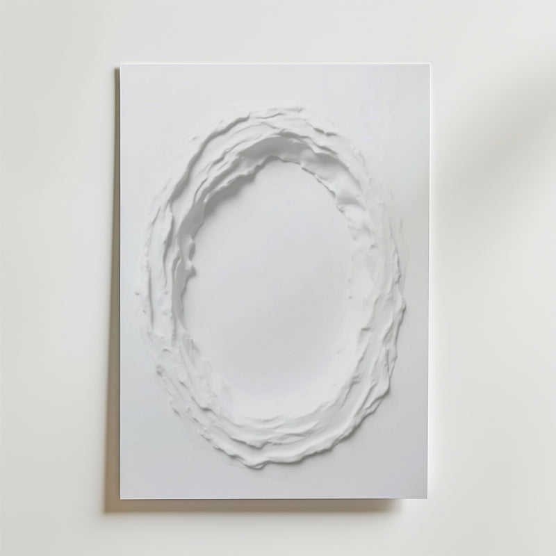 Abstract White Movement No.3 Poster by Bozetto har en upphöjd, texturerad cirkelformad ring på en kvadratisk vit canvas, tillverkad på FSC-certifierat premiumpapper för en högkvalitativ finish mot en ljus bakgrund.