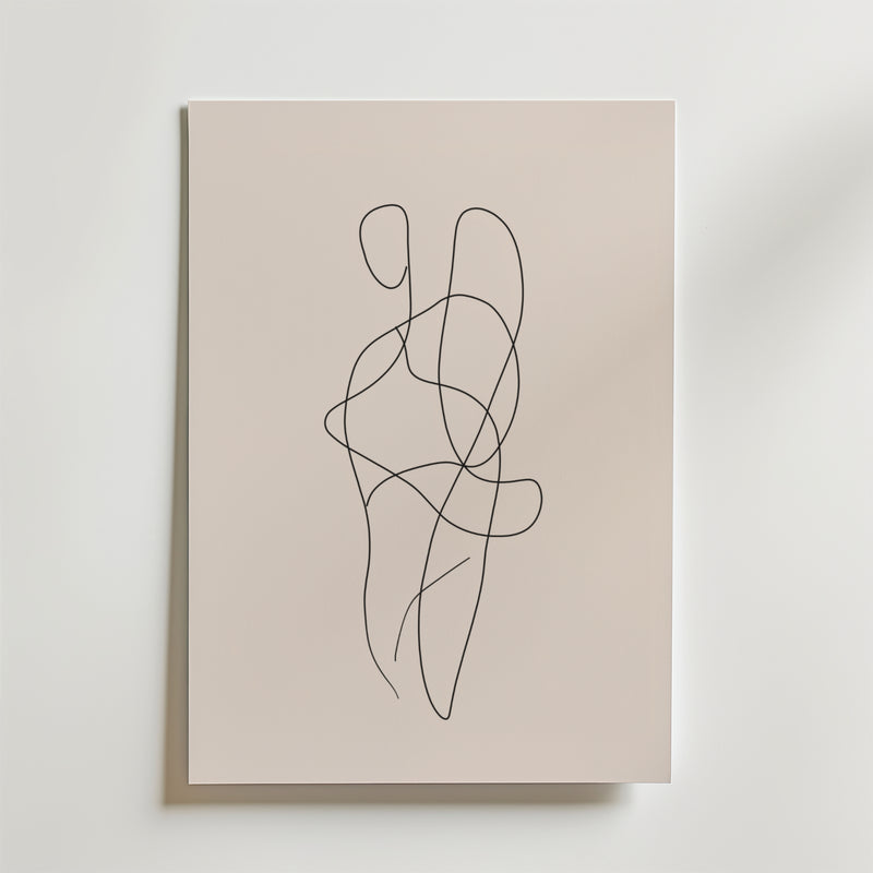 Bozetto Entwined Bodies Line Art Poster har en enda kontinuerlig svart linje som bildar abstrakta, slingrande former på en ljusbeige bakgrund. Affischen är tryckt på FSC-certifierat premiumpapper och visas på en enkel rektangulär canvas.