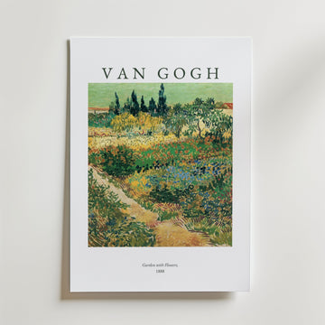 Bozetto Van Gogh Garden With Flowers Poster visar det livfulla konstverket från 1888, med konstnärens namn ovanför en frodig scen med blommor och träd, tryckt på FSC-certifierat premiumpapper.