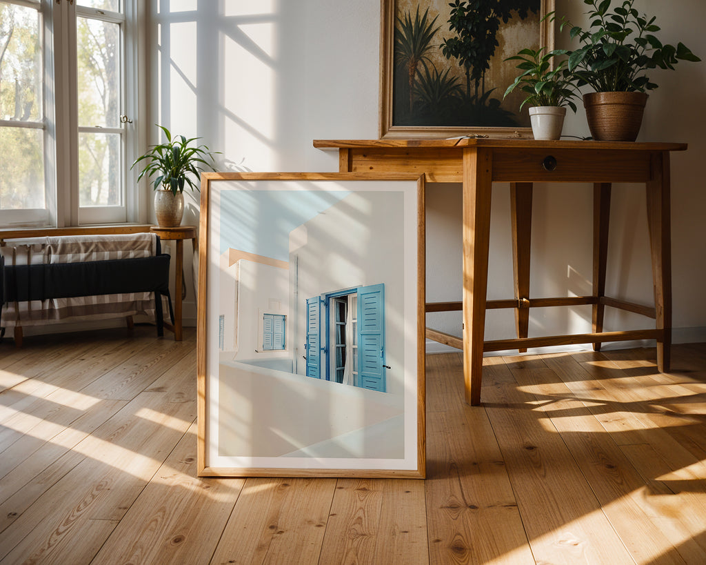 Mockup av Mediterranean Window Views affisch på vägg – köp enkelt hos Bozetto i hög kvalitet