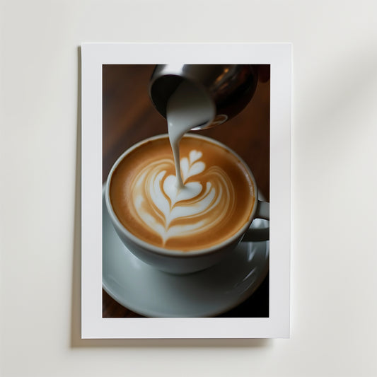 En närbild av kaffe med detaljerad lattekonst, tryckt på premium matt papper och inramad med en vit kant - Bozetto's Coffee Latte Love Poster är perfekt för alla minimalistiska rum.