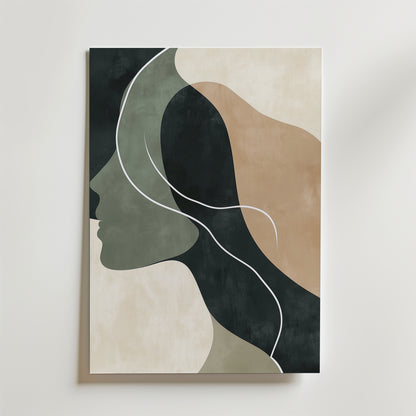 Bozettos Poster Abstract Face Shape No.2 visar en minimalistisk kvinnas sidoprofil i grönt, beige och svart med vita böljande linjer som hår - ett perfekt modernt konstverk för alla neutrala utrymmen.