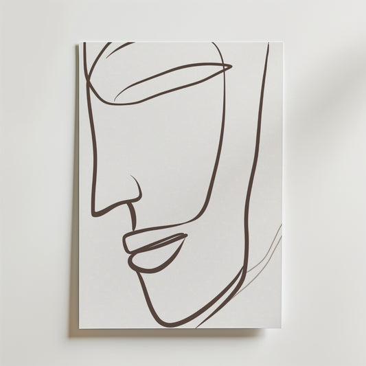 Silent Grace Poster by Bozetto har minimalistiska linjer av en mänsklig sidoprofil i flödande svart på vitt premiumpapper, vilket skapar ett elegant, tidlöst konstverk.