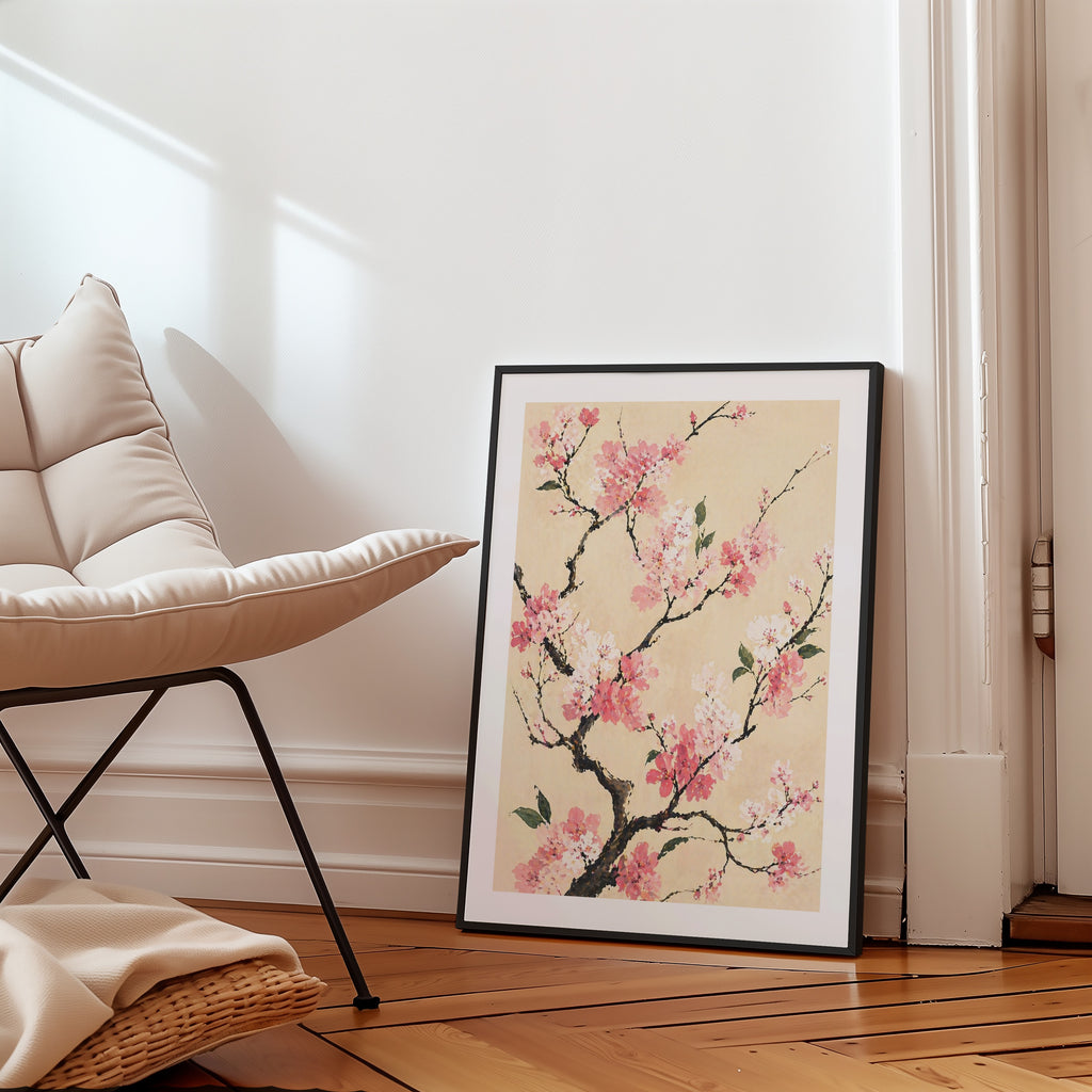Cherry Blossom Branch affisch i ljust minimalistiskt vardagsrum – köp enkelt hos Bozetto