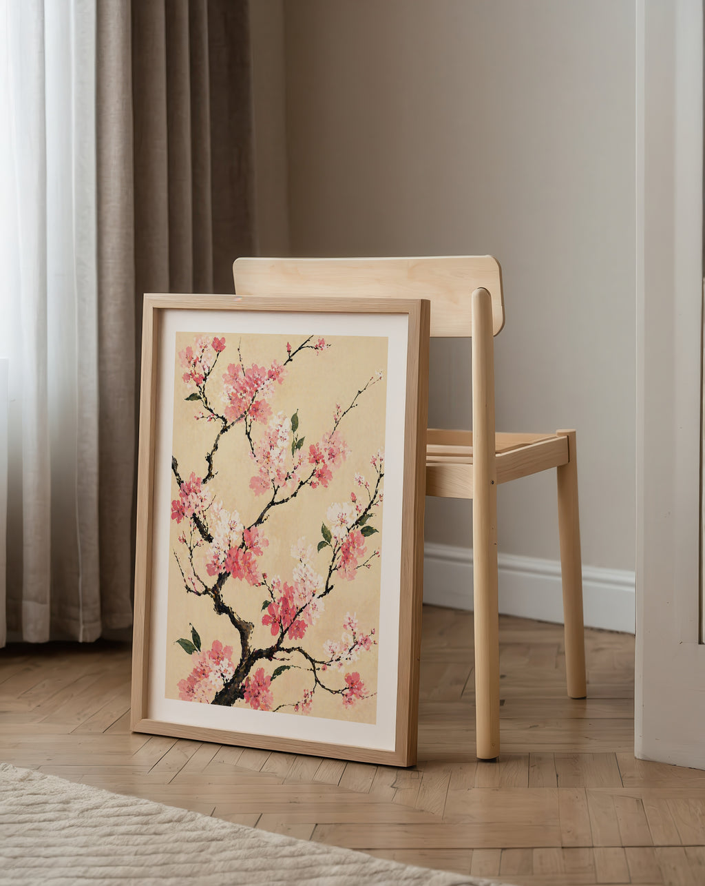 Cherry Blossom Branch affisch i minimalistiskt sovrum – köp enkelt hos Bozetto i hög kvalitet