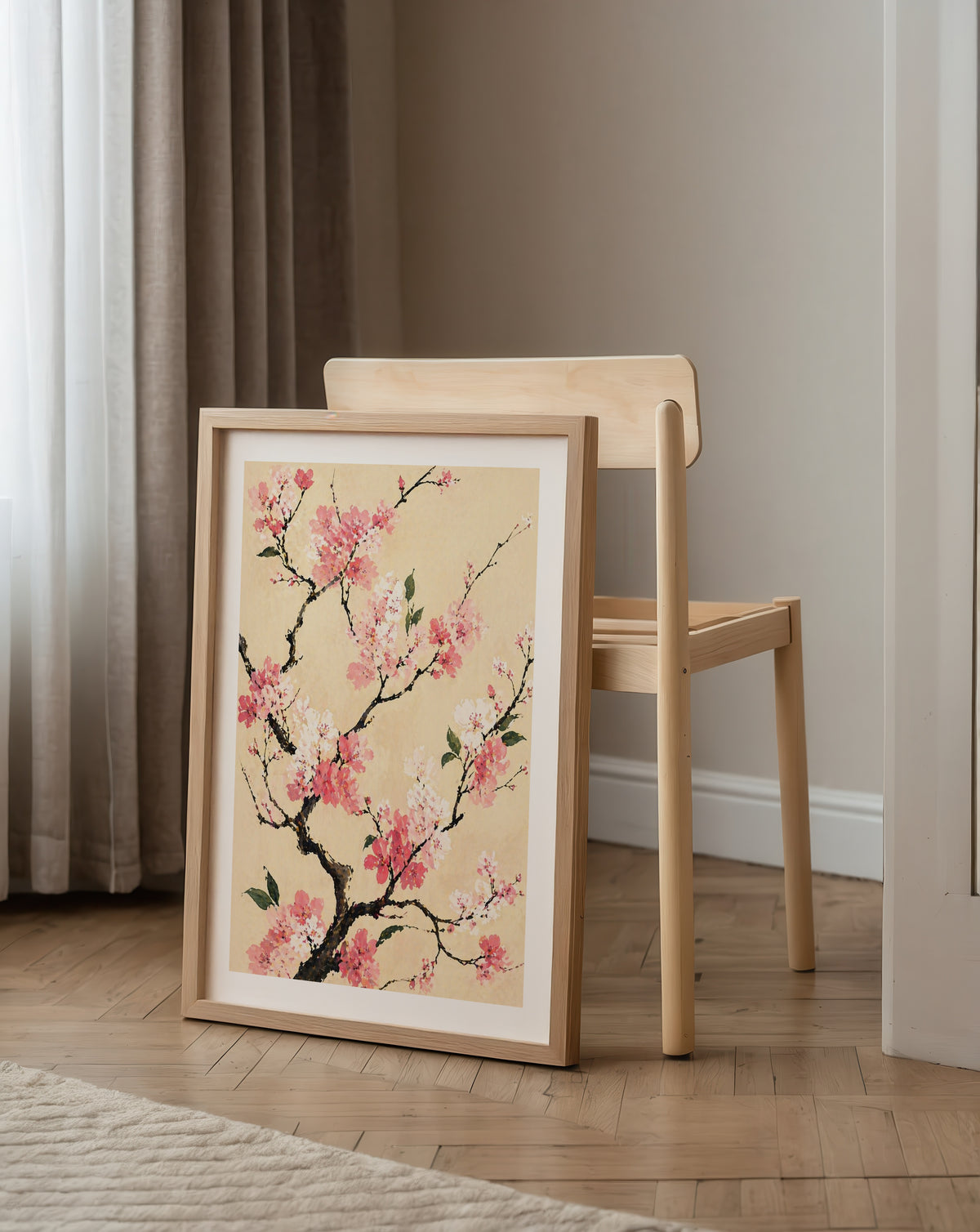 Cherry Blossom Branch affisch i minimalistiskt sovrum – köp enkelt hos Bozetto i hög kvalitet