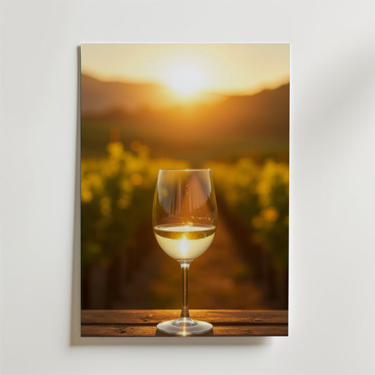 Ett glas vitt vin vilar på ett träbord med utsikt över vingårdar i solnedgången, vackert avbildat i White Wine Field Poster by Bozetto, tryckt på premiumpapper med lyxigt matt yta.