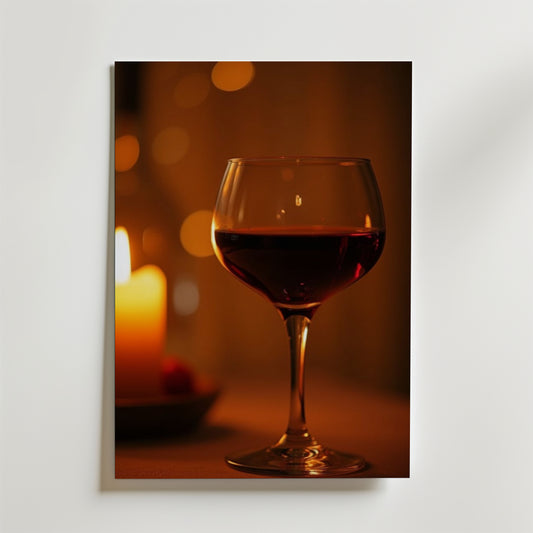 Ett glas rödvin står vid ett tänt ljus och Bozetto Velvet Night Wine Poster på premiumpapper förstärker den mysiga stämningen med sina varma, suddiga ljus i bakgrunden.