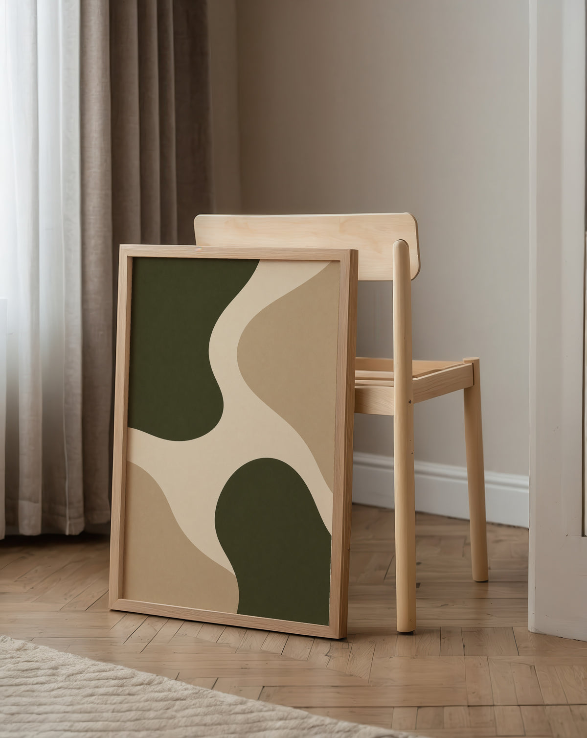 Olive Drift affisch i ljust minimalistiskt vardagsrum – köp enkelt hos Bozetto i hög kvalitet