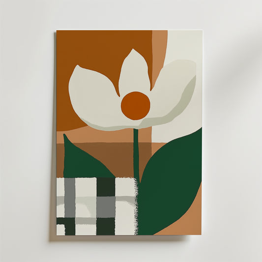 Bozetto Abstract Floral Poster har en vit blomma med en rund orange mitt, djärva gröna blad och jordnära geometriska former. Affischen är tryckt på premiumpapper med en lyxigt matt yta och bryter av mot en minimalistisk ljus bakgrund.