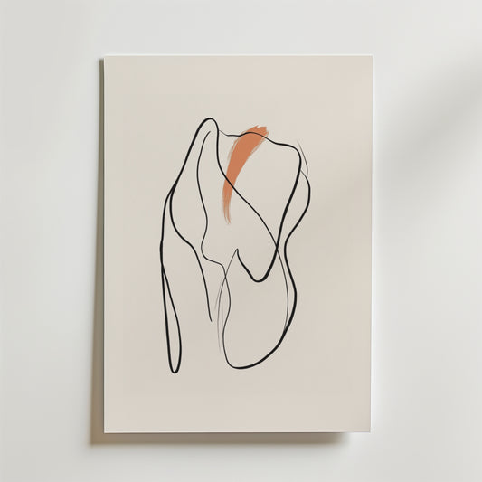 Brush of Flame Poster by Bozetto är ett minimalistiskt abstrakt konstverk på premiumpapper med flytande svarta linjer och organiska former på en ljus bakgrund, markerad av ett djärvt rödbrunt penseldrag för en lyxig matt finish.