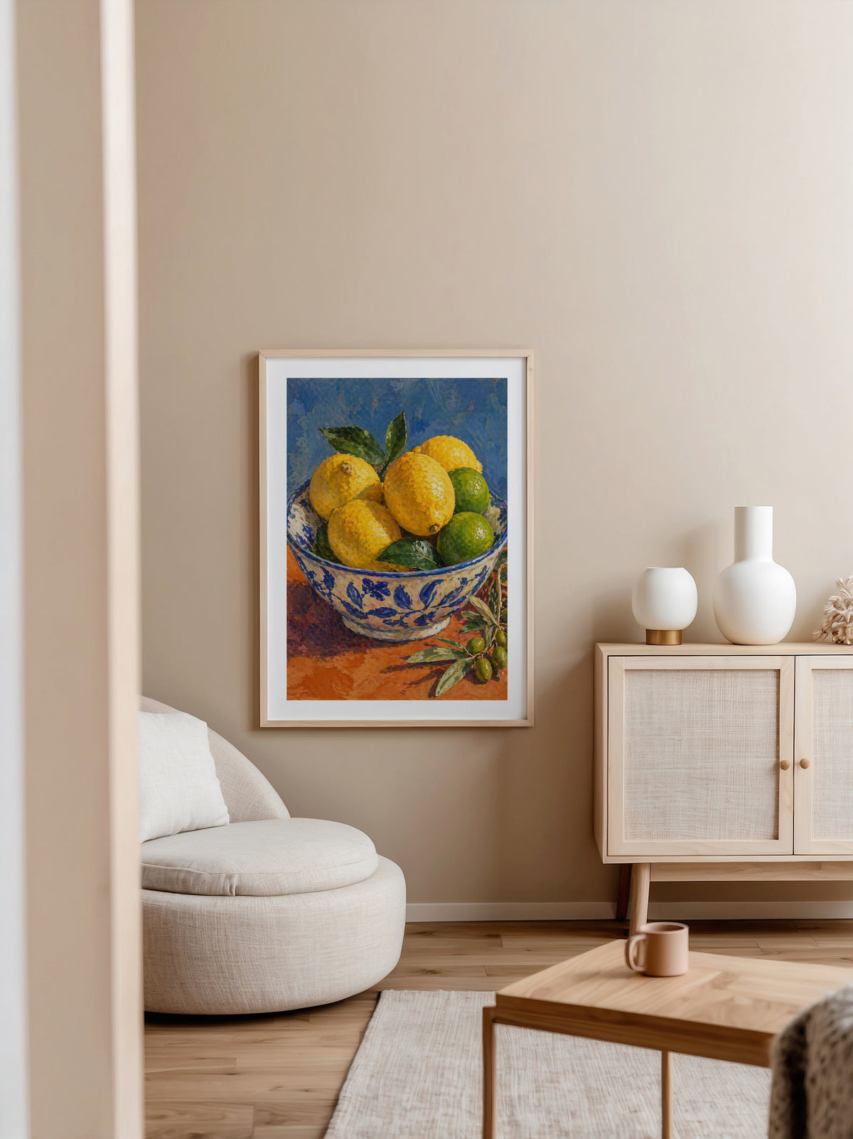 Mediterranean Citrus affisch i minimalistiskt sovrum – köp enkelt hos Bozetto i hög kvalitet