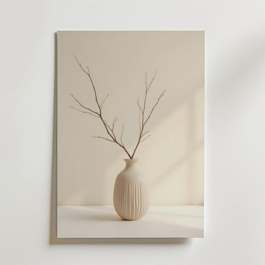 Den minimalistiska Ceramic Vase Poster från Bozetto visar en keramisk vas med smala grenar mot en mjuk bakgrund. Affischen är tryckt på premiumpapper med en matt finish och skira ljus och skuggor ger djup till detta lugna och eleganta konstverk.