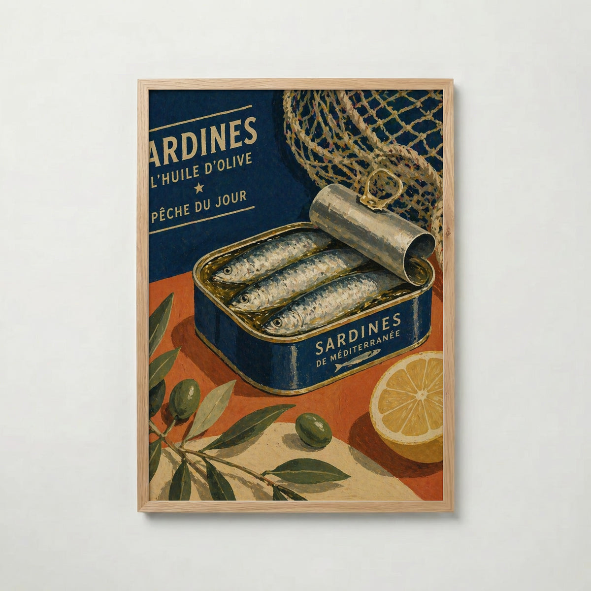 Sardines du Jour i ekram med ljust trä – köp enkelt hos Bozetto affisch i hög kvalitet
