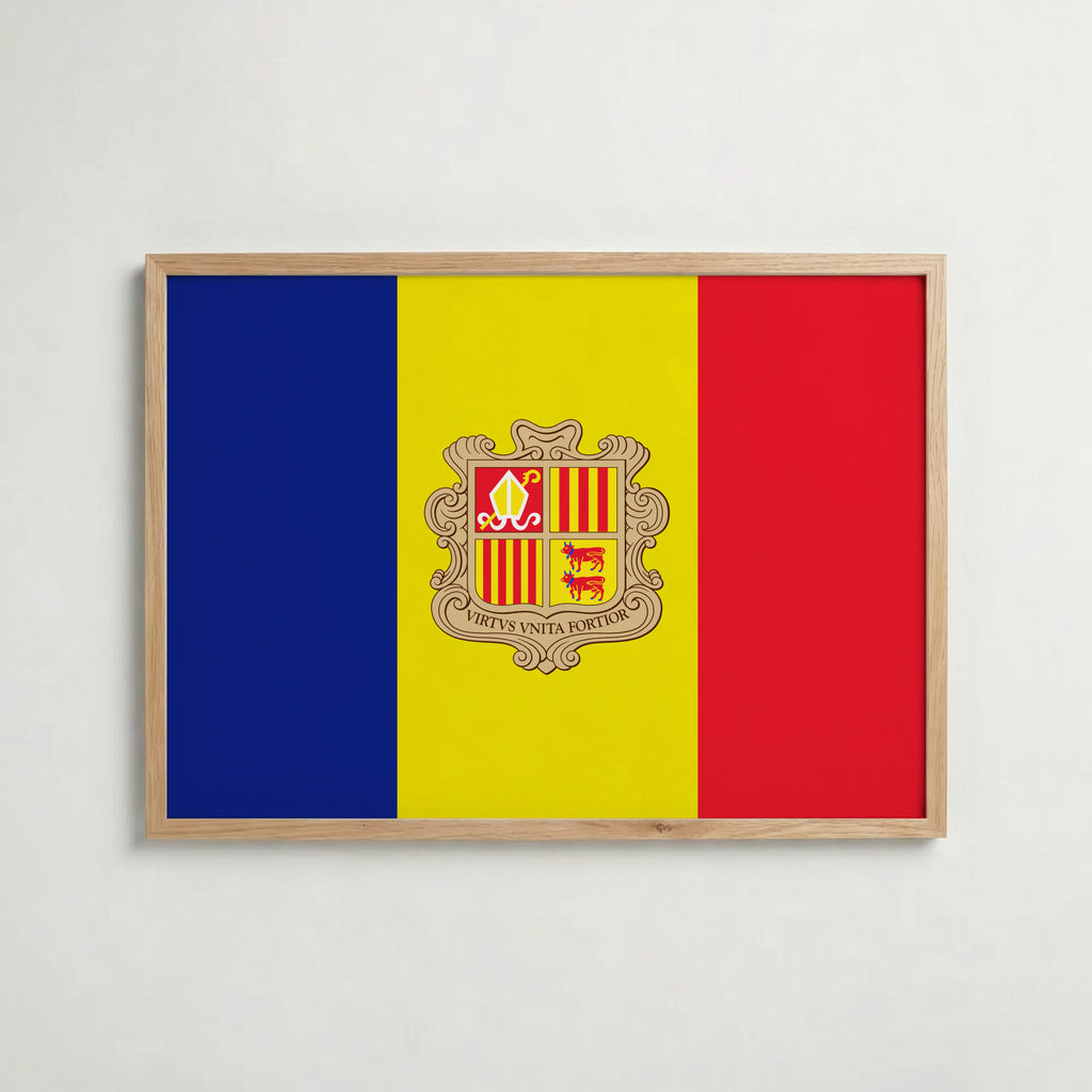 Andorra National Flag Poster i ekram – inramad konsttryck för stilren inredning hos Bozetto
