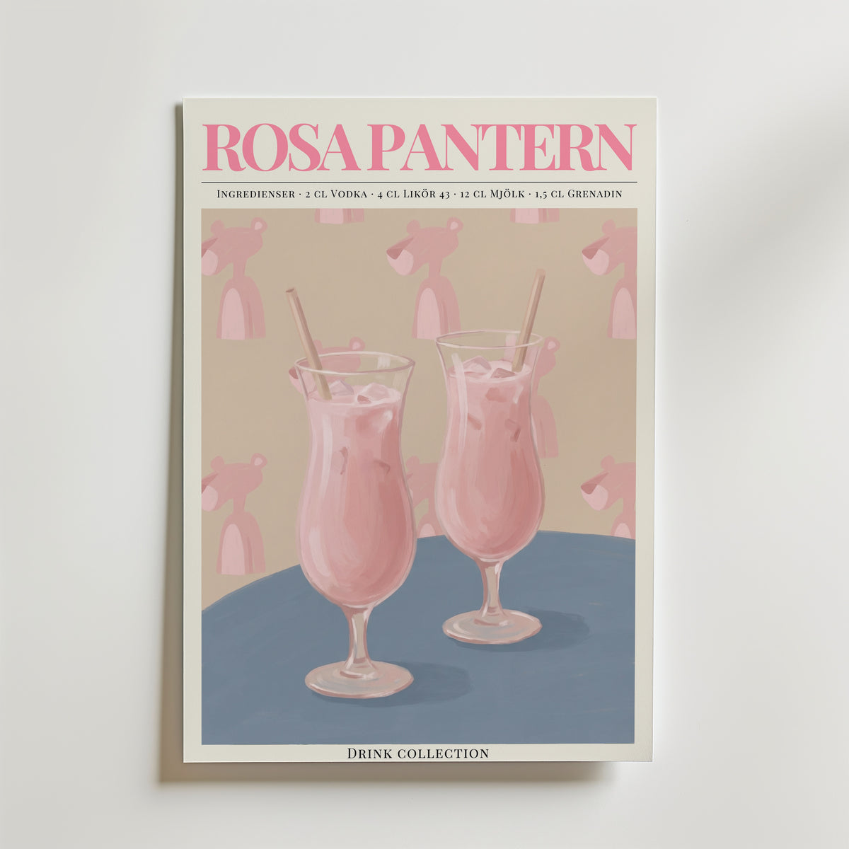 Rosa Pantern affisch inramad i neutral ram – se hur konsttrycket ser ut, Bozetto