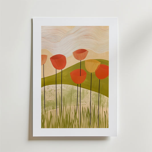 Abstract floral poppies Poster" från Bozetto föreställer röda och gula blommor på matt premiumpapper, med gröna kullar och en pastellfärgad himmel, och visas elegant lutad mot en vit vägg.