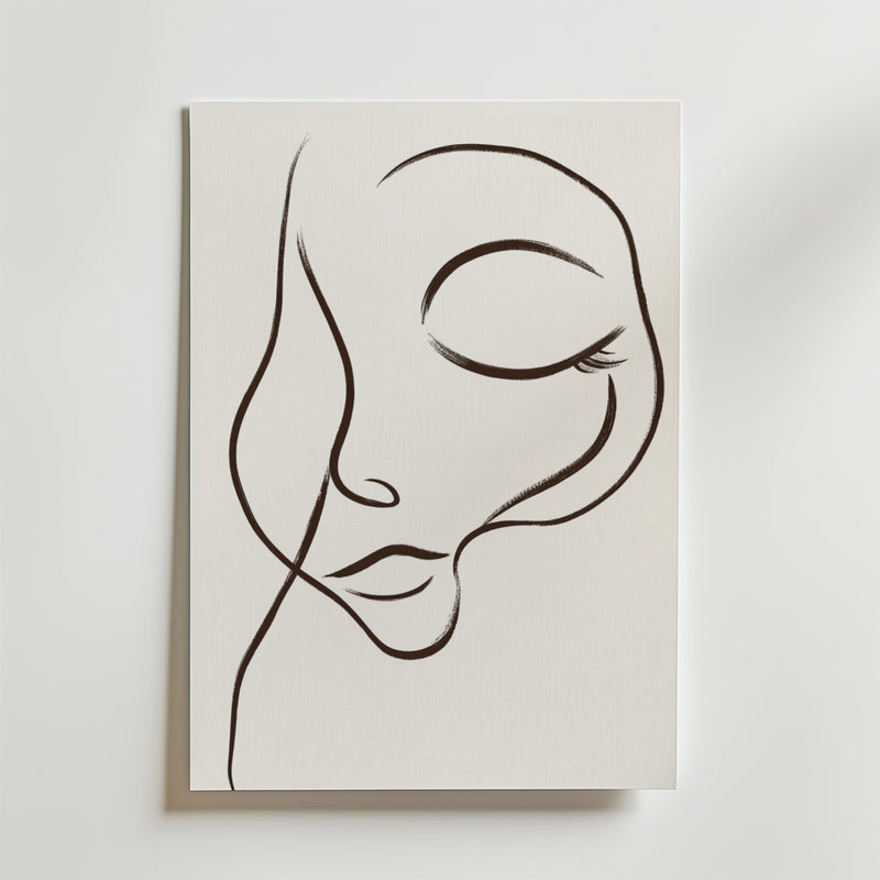 Dreamy Line Art Face Poster" av Bozetto föreställer ett lugnt ansikte med slutna ögon och böjda läppar, tecknat med minimalistiska svarta linjer på vit canvas för en elegant, abstrakt look.