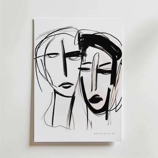 Two Souls in Silence Poster från Bozetto är en minimalistisk svartvit abstrakt linjeteckning av två ansikten, perfekt för att addera nordisk stil till en vit vägg.