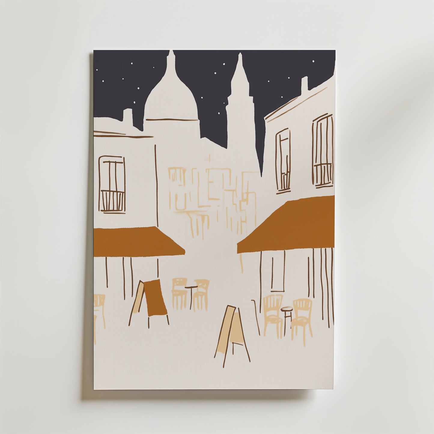 Bozetto Evening in the Old Quarter Poster föreställer en matt yta-inspirerad minimalistisk caféscen på kvällen, med utomhusbord under historiska kupoler och en stjärnklar himmel, tryckt på premiumpapper.